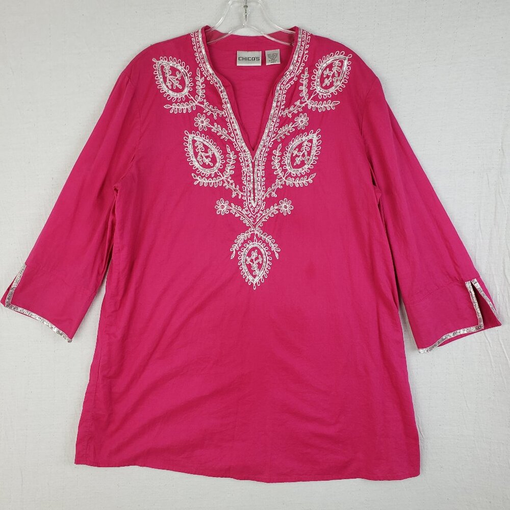 Chico's Tunic Top Embroidered Ethnic Boho Sequins Cotton Pink size L Resortwear